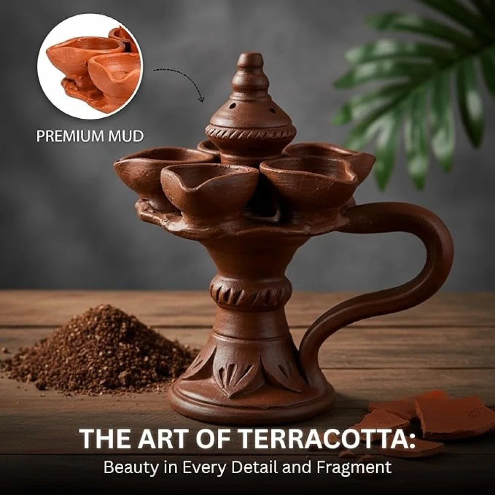 Wheel Thrown Terracotta Panch Diya Stand with Handle & Incense Holder – Traditional Clay Oil Lamp for Pooja, Navaratri & Diwali Décor, Festive Lighting & Gifting