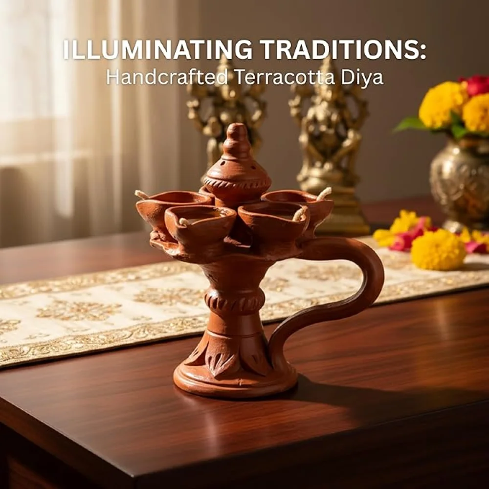 Wheel Thrown Terracotta Panch Diya Stand with Handle & Incense Holder – Traditional Clay Oil Lamp for Pooja, Navaratri & Diwali Décor, Festive Lighting & Gifting