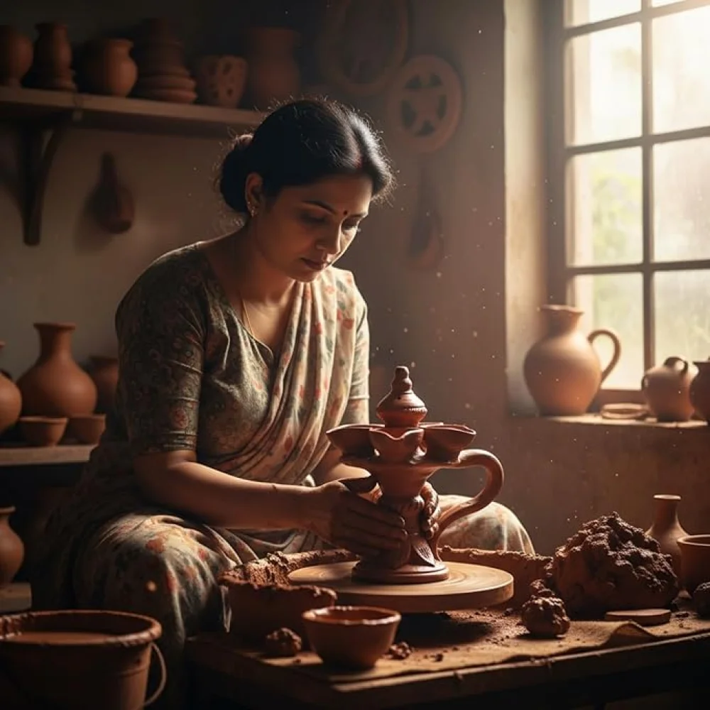 Wheel Thrown Terracotta Panch Diya Stand with Handle & Incense Holder – Traditional Clay Oil Lamp for Pooja, Navaratri & Diwali Décor, Festive Lighting & Gifting