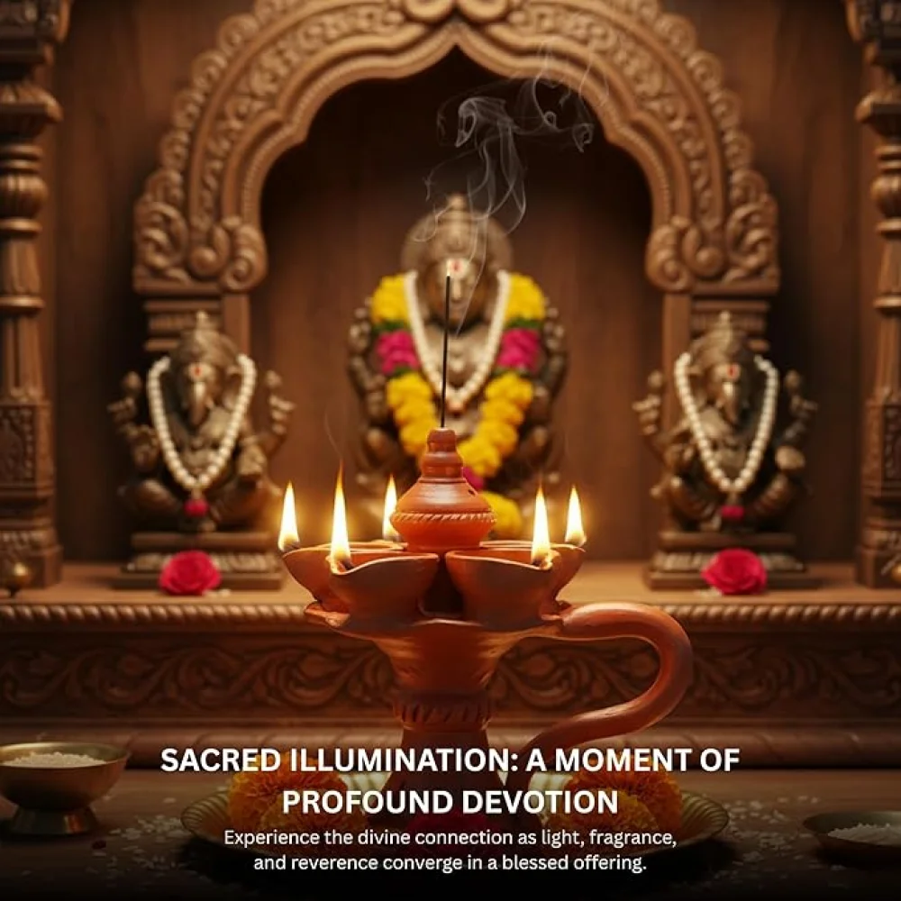 Wheel Thrown Terracotta Panch Diya Stand with Handle & Incense Holder – Traditional Clay Oil Lamp for Pooja, Navaratri & Diwali Décor, Festive Lighting & Gifting