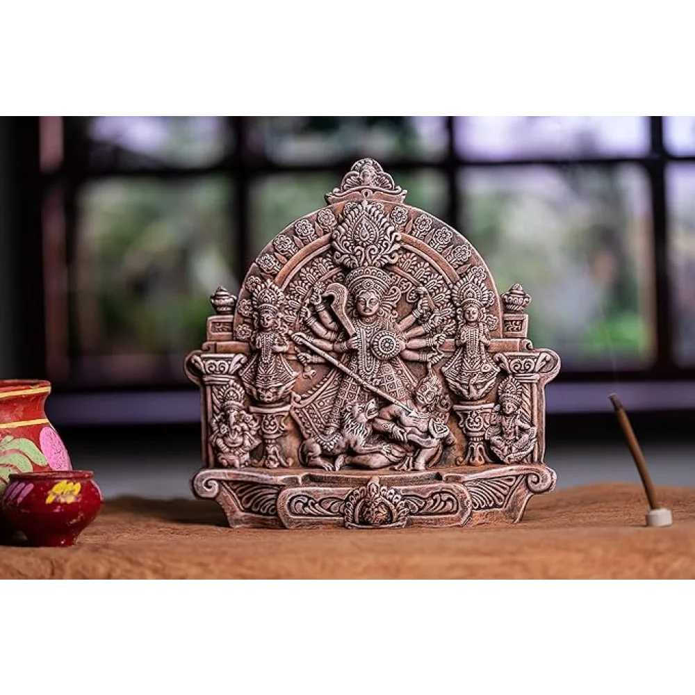 Handcrafted Terracotta Goddess Durga Idol with Family 11.2" for Pooja and Home Decor, Navaratri Decor, Office Decor, Corporate Gifts, Festive Gifts.