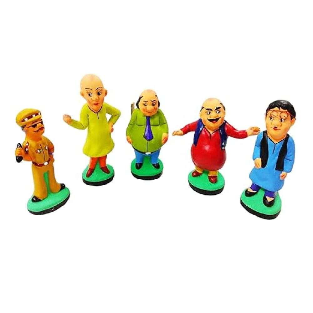 Terracotta Eco-Friendly Clay Motu Patlu Characters Set of 5 for Children Toy, Indian Toy, Home Decoration & Return Gifts