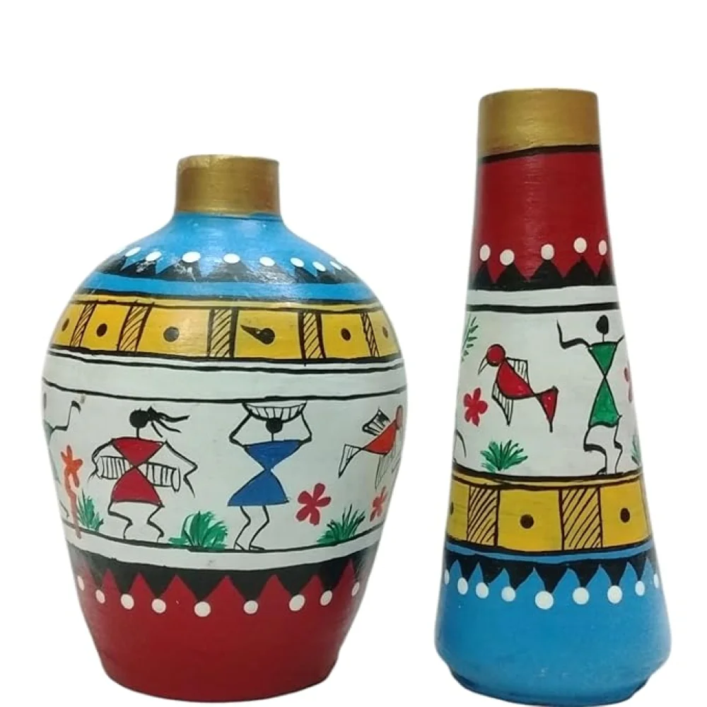 Warli Madhubani Handpainted Multicolor Terracotta Vases Pack of 2 for Home Dcor, Housewarming Gifting, Pots for Living Room, Corporate Gifting, Valentineday Gifting