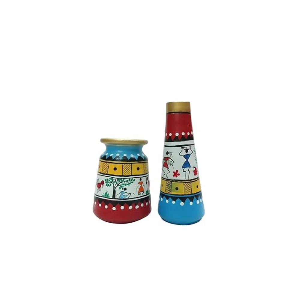Warli Madhubani Handpainted Multicolor Terracotta Vases (Pack of 2) – Decorative Pots for Home Décor, Living Room, Housewarming & Corporate Gifting