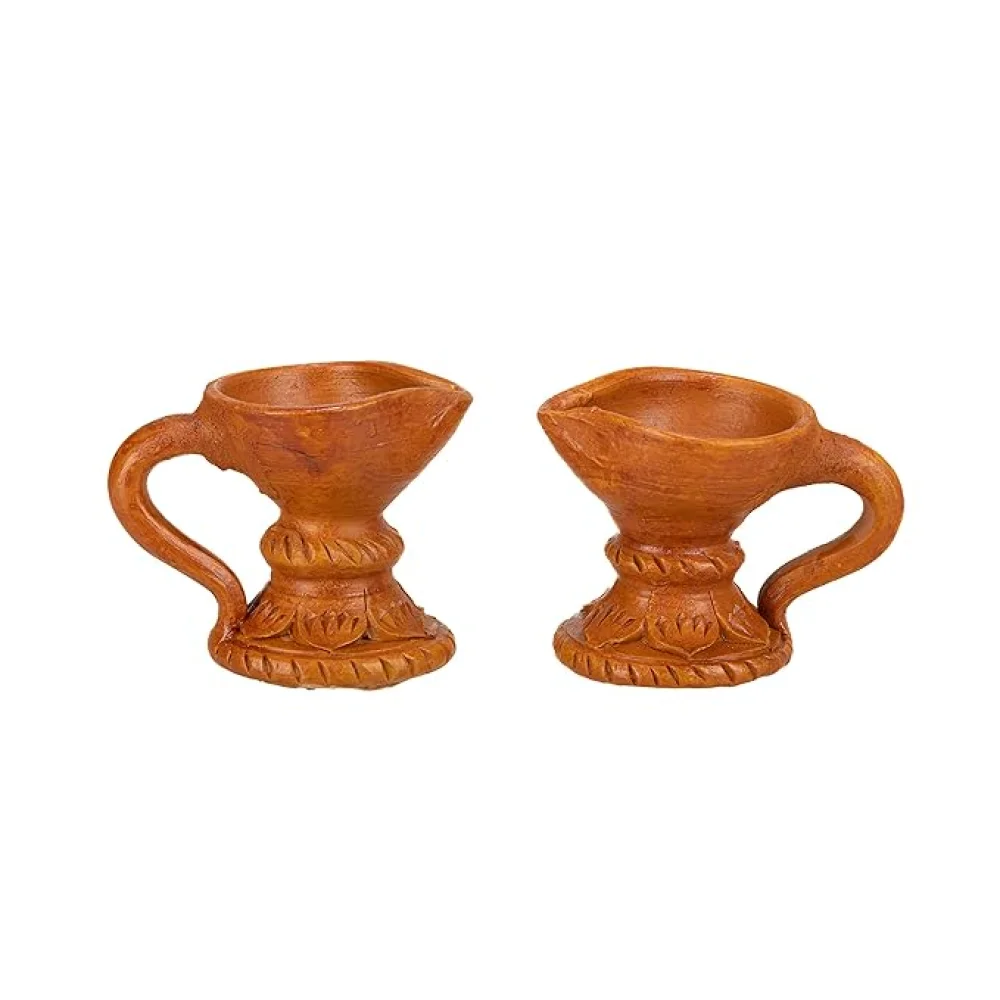 Handcrafted Terracotta Stand Diya - Set of 2 for Pooja Decor, Navaratri Decor, Diwali Lighting, Diwali Gifting, Home Decor