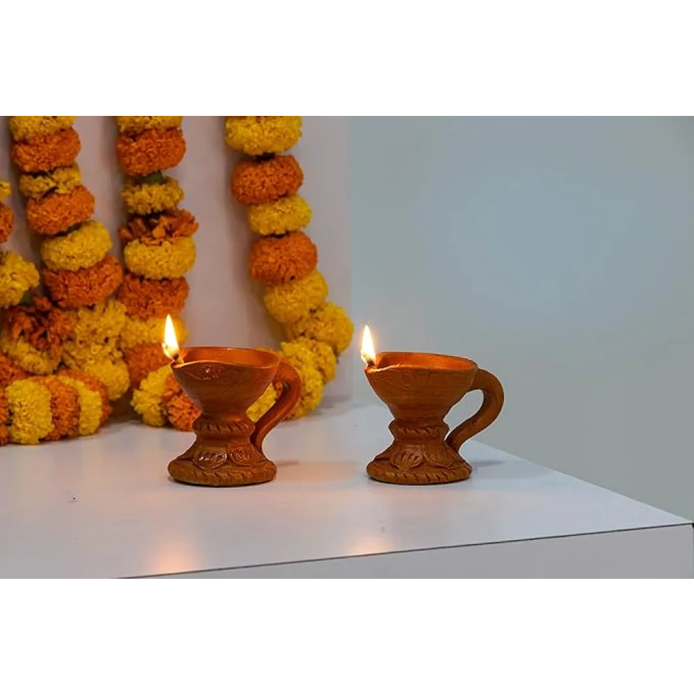Handcrafted Terracotta Stand Diya - Set of 2 for Pooja Decor, Navaratri Decor, Diwali Lighting, Diwali Gifting, Home Decor