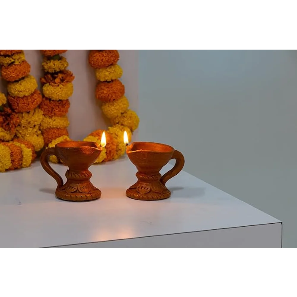 Handcrafted Terracotta Stand Diya - Set of 2 for Pooja Decor, Navaratri Decor, Diwali Lighting, Diwali Gifting, Home Decor