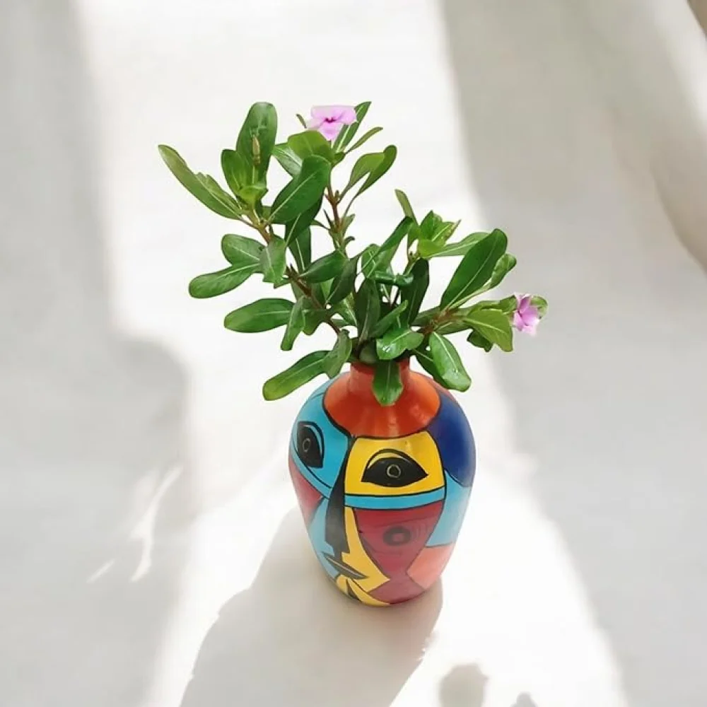 African Tribe Face Painted 7 Inch Hand-Painted Terracotta Flower Vases, Terracotta Decorative for Home Earthen Flower Vase Pots for Home, Housewarming Gifting, Festive Decor