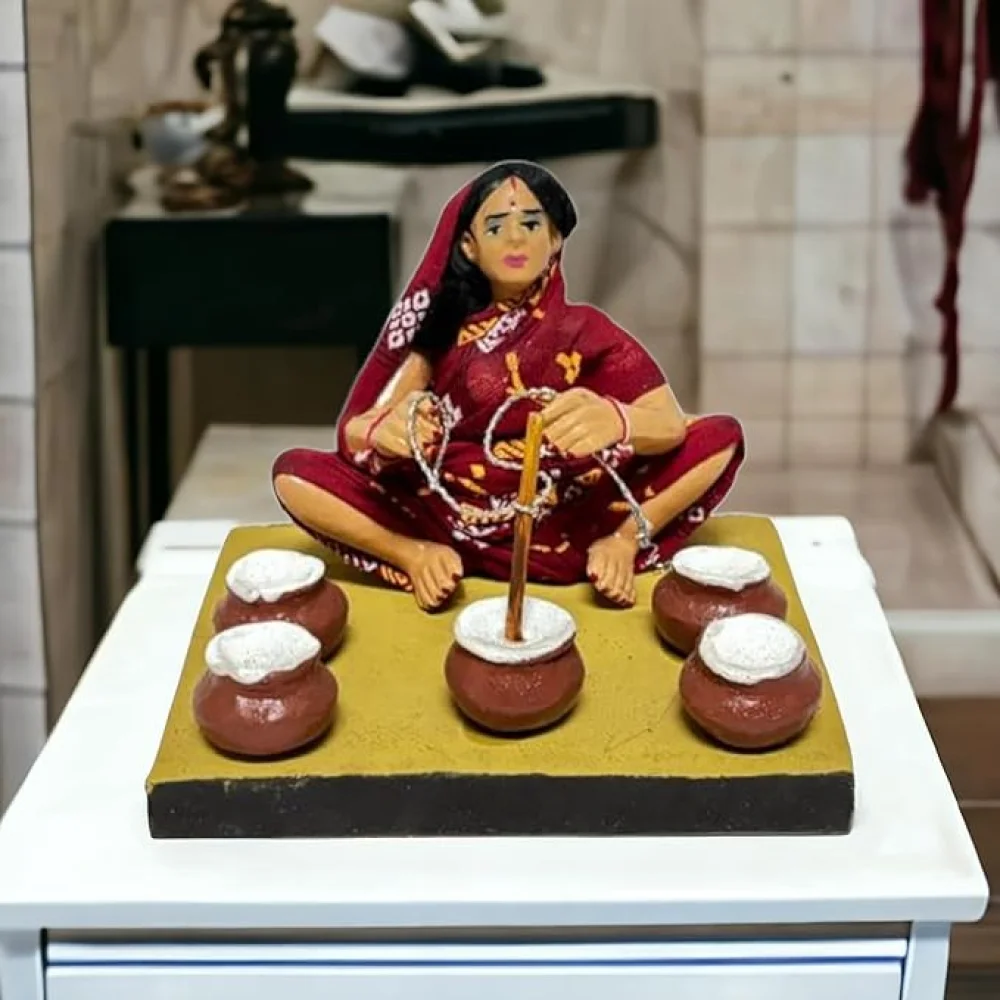 Handmade Clay Doll Human Working Figure for Gift & Décor,Curd Maker (Dahi Maker) Human Figure Miniature Idol, Housewarming Gifting, Table Décor