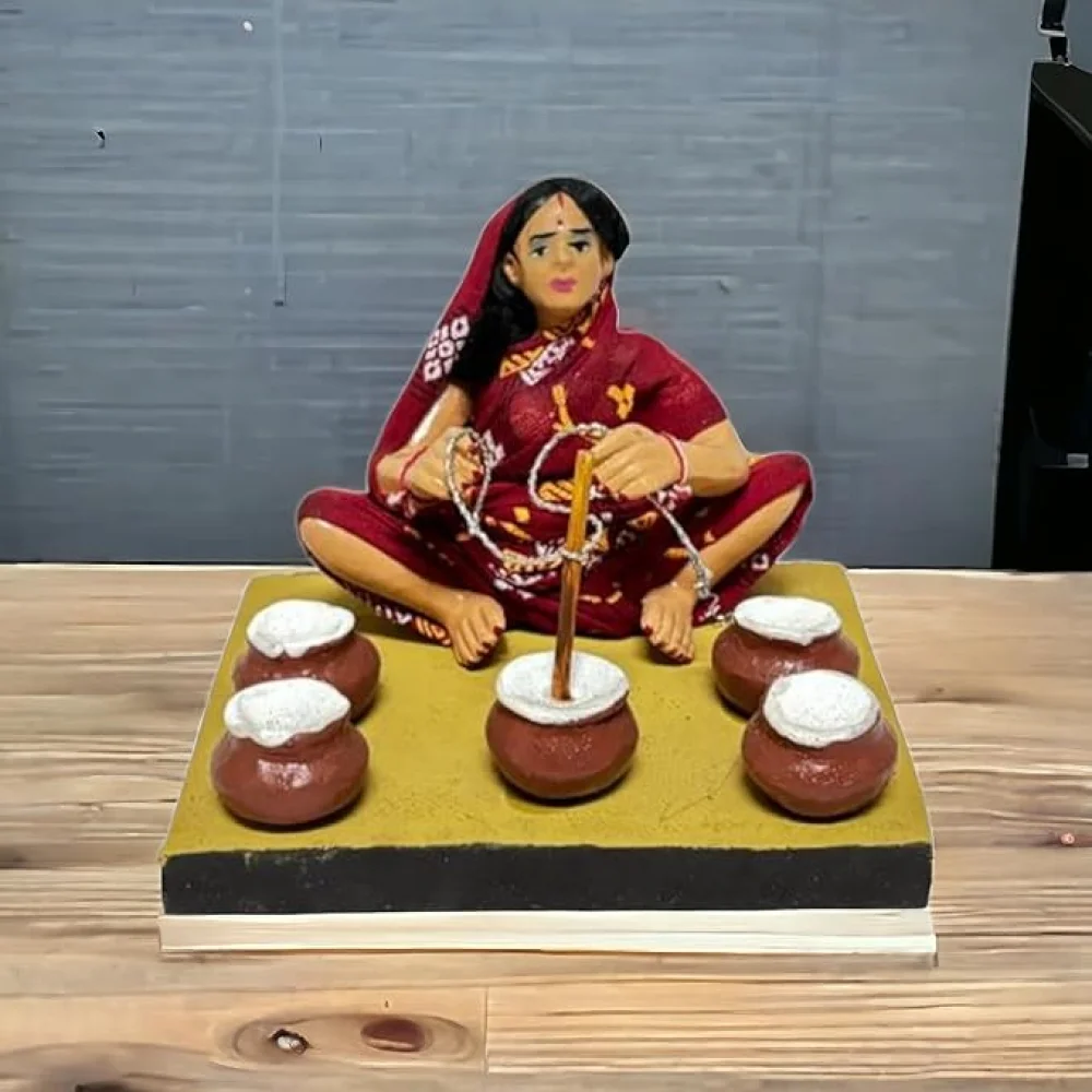 Handmade Clay Doll Human Working Figure for Gift & Décor,Curd Maker (Dahi Maker) Human Figure Miniature Idol, Housewarming Gifting, Table Décor