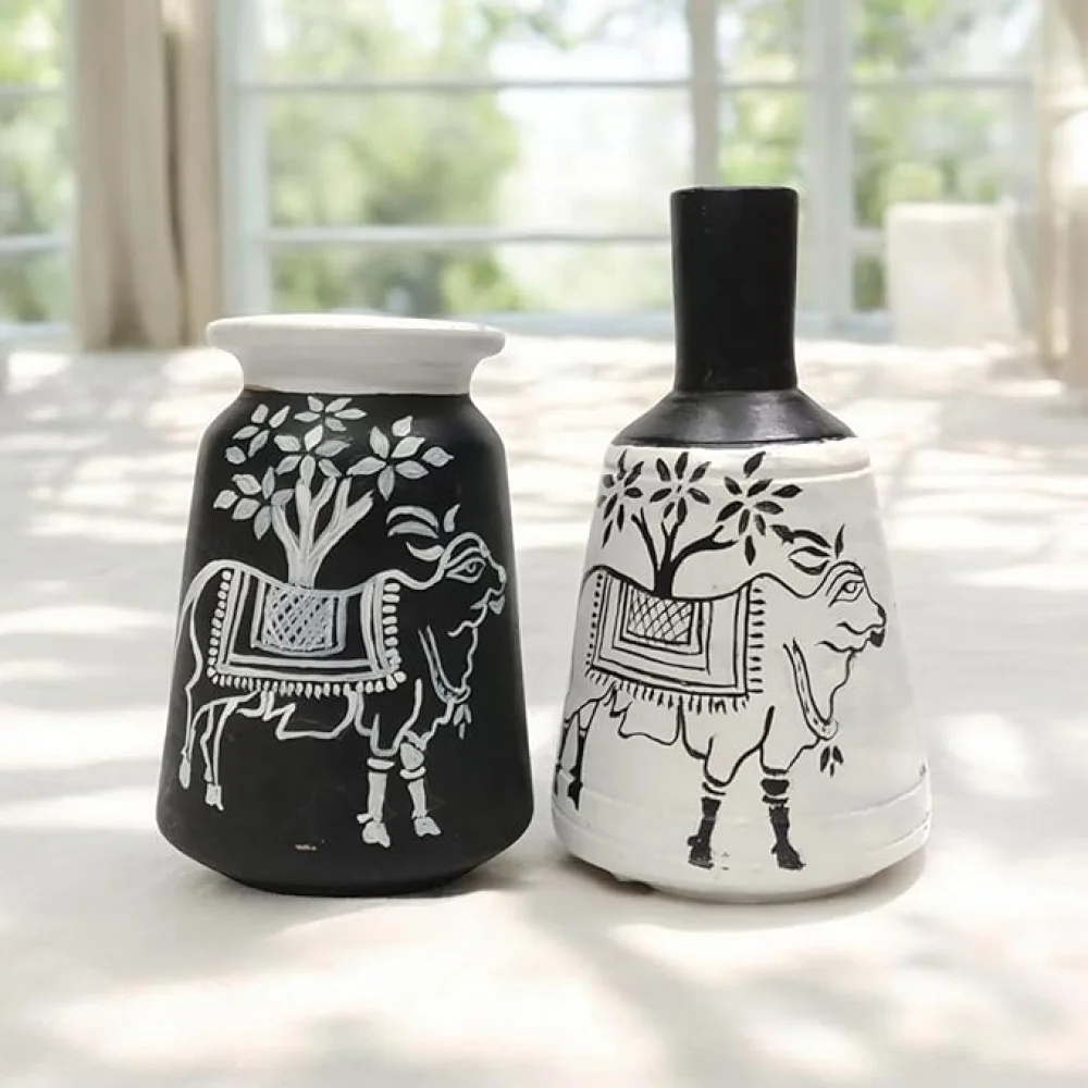 Warli Madhubani Handpainted Terracotta Pots Pack of 2 for Home Dcor, Housewarming Gifting, Pots for Living Room, Corporate Gifting, Valentineday Gifting, Motherday Gifting
