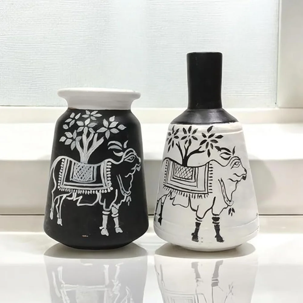 Warli Madhubani Handpainted Terracotta Pots Pack of 2 for Home Dcor, Housewarming Gifting, Pots for Living Room, Corporate Gifting, Valentineday Gifting, Motherday Gifting