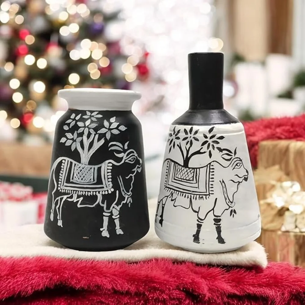 Warli Madhubani Handpainted Terracotta Pots Pack of 2 for Home Dcor, Housewarming Gifting, Pots for Living Room, Corporate Gifting, Valentineday Gifting, Motherday Gifting