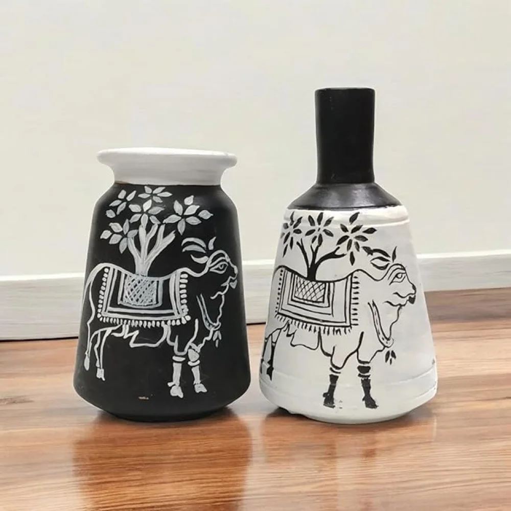 Warli Madhubani Handpainted Terracotta Pots Pack of 2 for Home Dcor, Housewarming Gifting, Pots for Living Room, Corporate Gifting, Valentineday Gifting, Motherday Gifting
