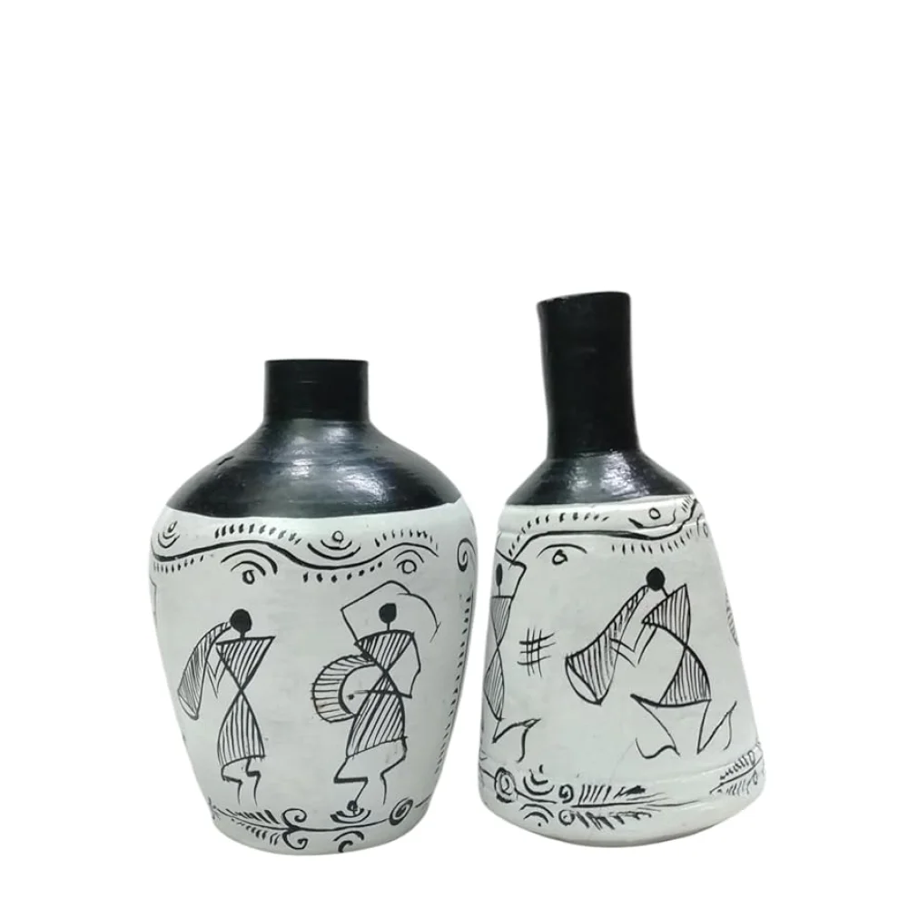 Warli & Madhubani Handpainted Terracotta Pots (Pack of 2) – Decorative Vases for Home Décor, Living Room, Housewarming & Gifting