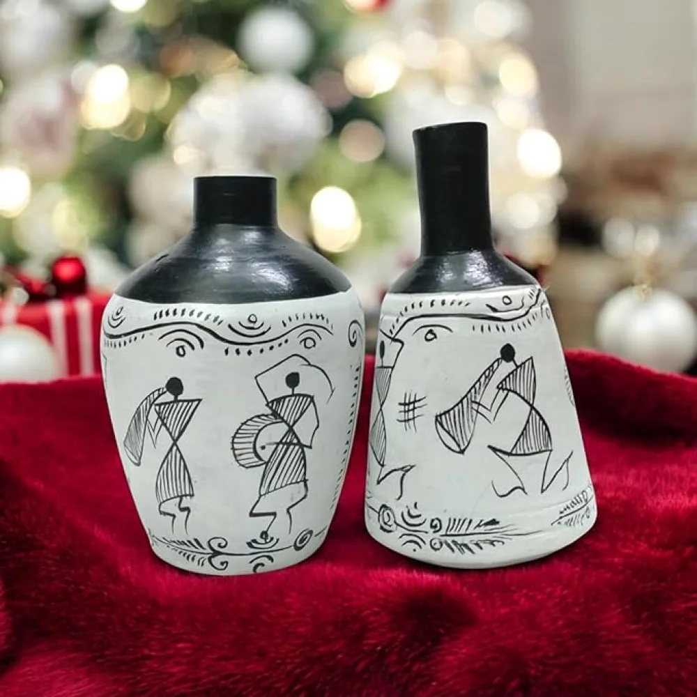 Warli & Madhubani Handpainted Terracotta Pots (Pack of 2) – Decorative Vases for Home Décor, Living Room, Housewarming & Gifting