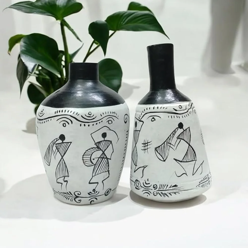 Warli & Madhubani Handpainted Terracotta Pots (Pack of 2) – Decorative Vases for Home Décor, Living Room, Housewarming & Gifting