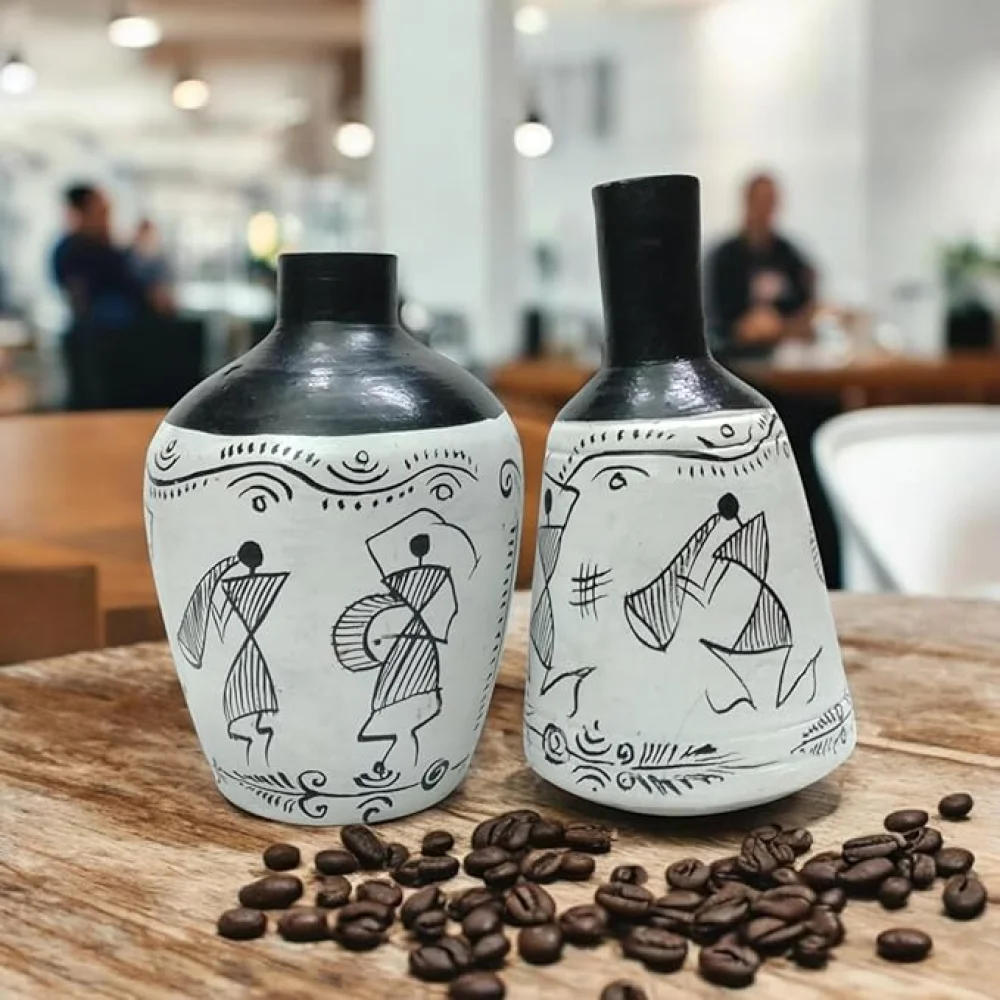 Warli & Madhubani Handpainted Terracotta Pots (Pack of 2) – Decorative Vases for Home Décor, Living Room, Housewarming & Gifting