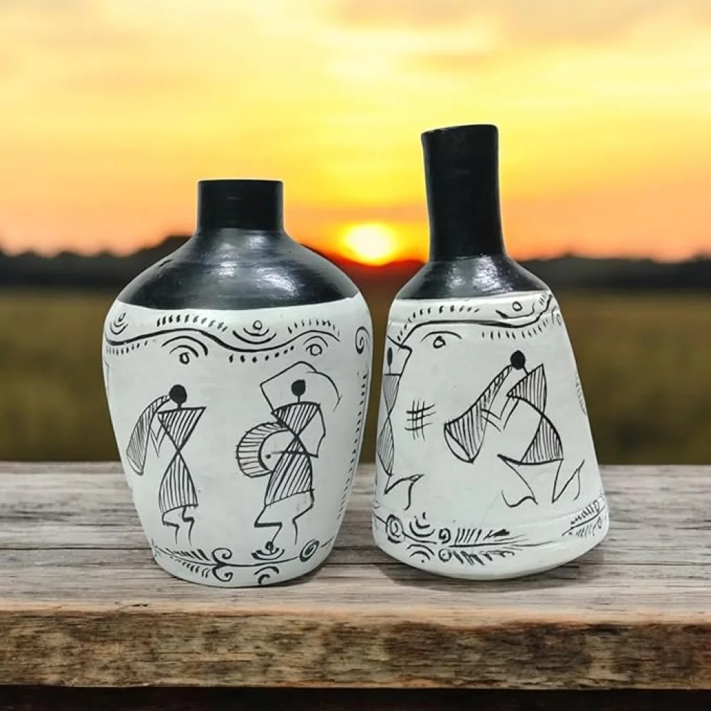 Warli & Madhubani Handpainted Terracotta Pots (Pack of 2) – Decorative Vases for Home Décor, Living Room, Housewarming & Gifting