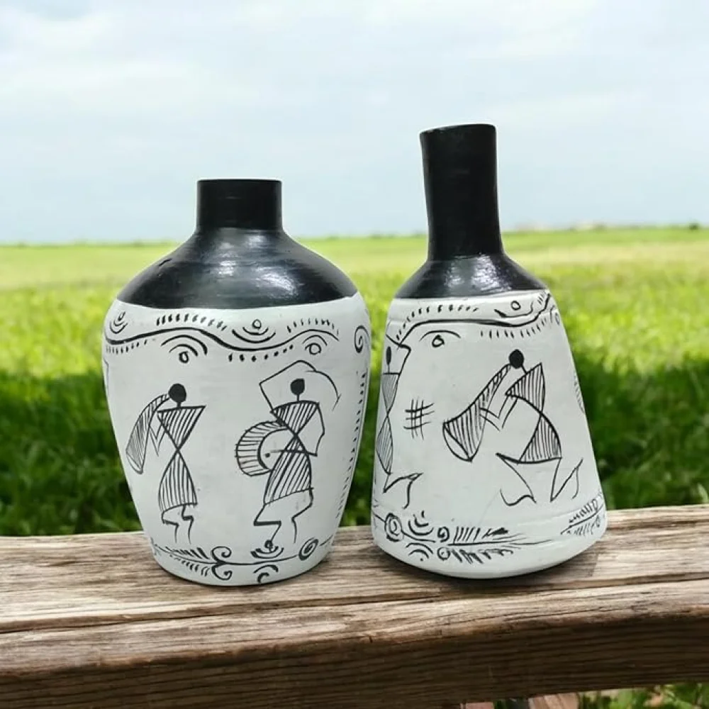 Warli & Madhubani Handpainted Terracotta Pots (Pack of 2) – Decorative Vases for Home Décor, Living Room, Housewarming & Gifting