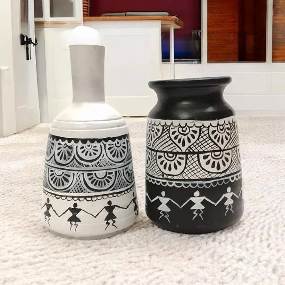 Warli Madhubani Handpainted Terracotta Pots Pack of 2 for Home Dcor, Housewarming Gifting, Pots for Living Room, Corporate Gifting.