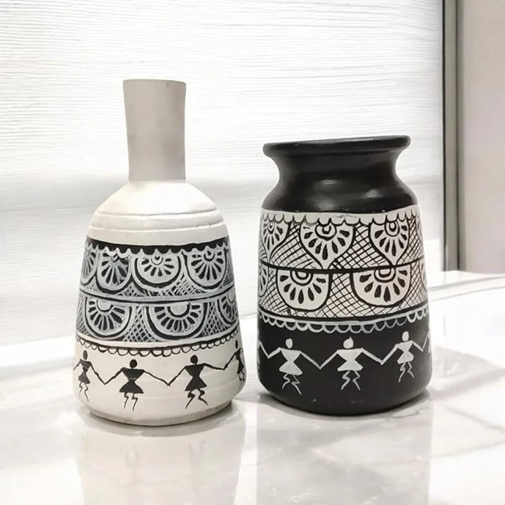 Warli Madhubani Handpainted Terracotta Pots Pack of 2 for Home Dcor, Housewarming Gifting, Pots for Living Room, Corporate Gifting.
