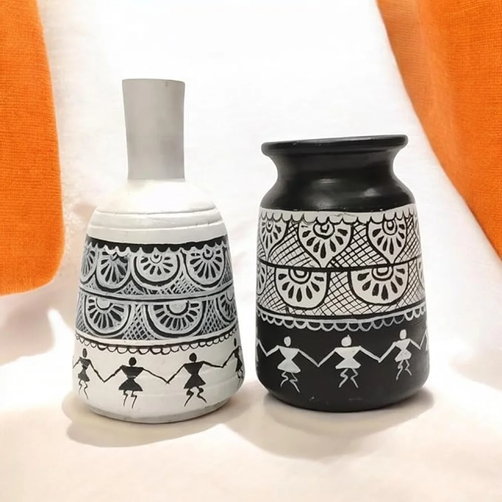 Warli Madhubani Handpainted Terracotta Pots Pack of 2 for Home Dcor, Housewarming Gifting, Pots for Living Room, Corporate Gifting.