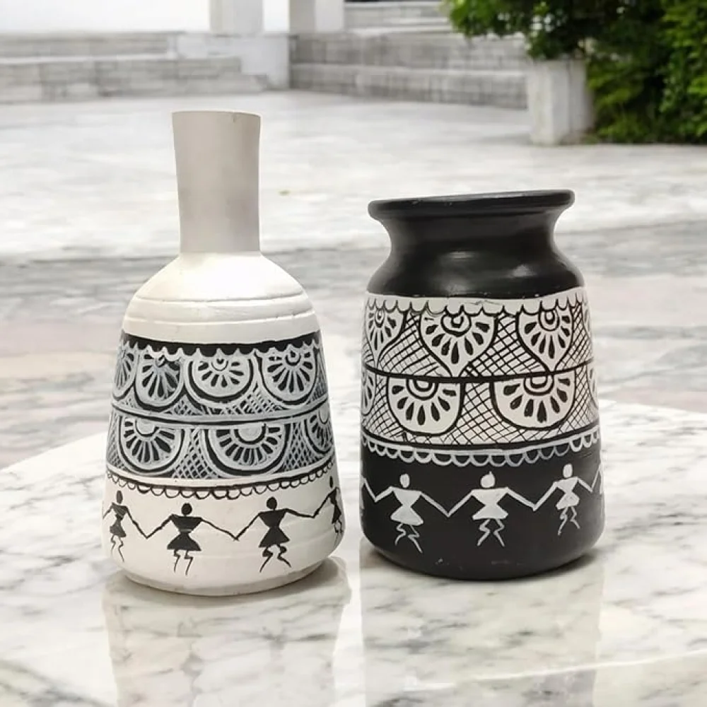 Warli Madhubani Handpainted Terracotta Pots Pack of 2 for Home Dcor, Housewarming Gifting, Pots for Living Room, Corporate Gifting.