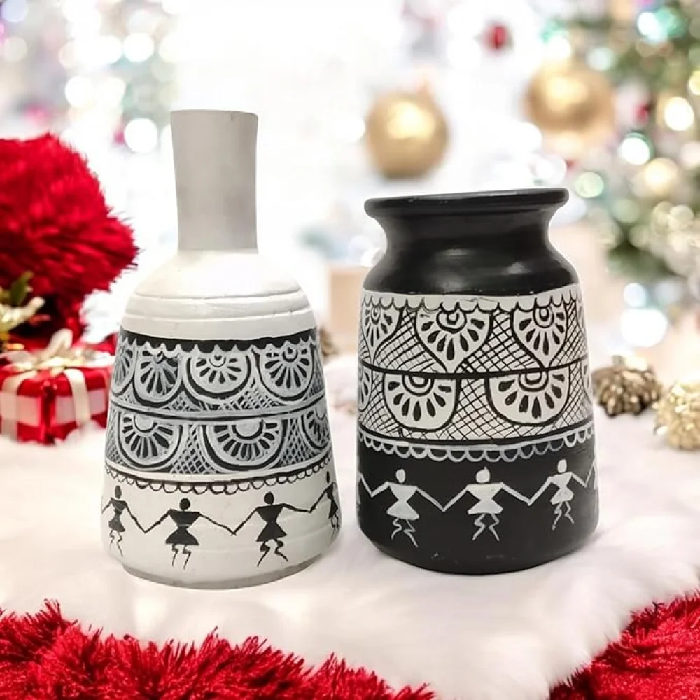 Warli Madhubani Handpainted Terracotta Pots Pack of 2 for Home Dcor, Housewarming Gifting, Pots for Living Room, Corporate Gifting.