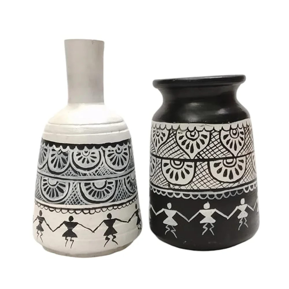 Warli Madhubani Handpainted Terracotta Pots Pack of 2 for Home Dcor, Housewarming Gifting, Pots for Living Room, Corporate Gifting.