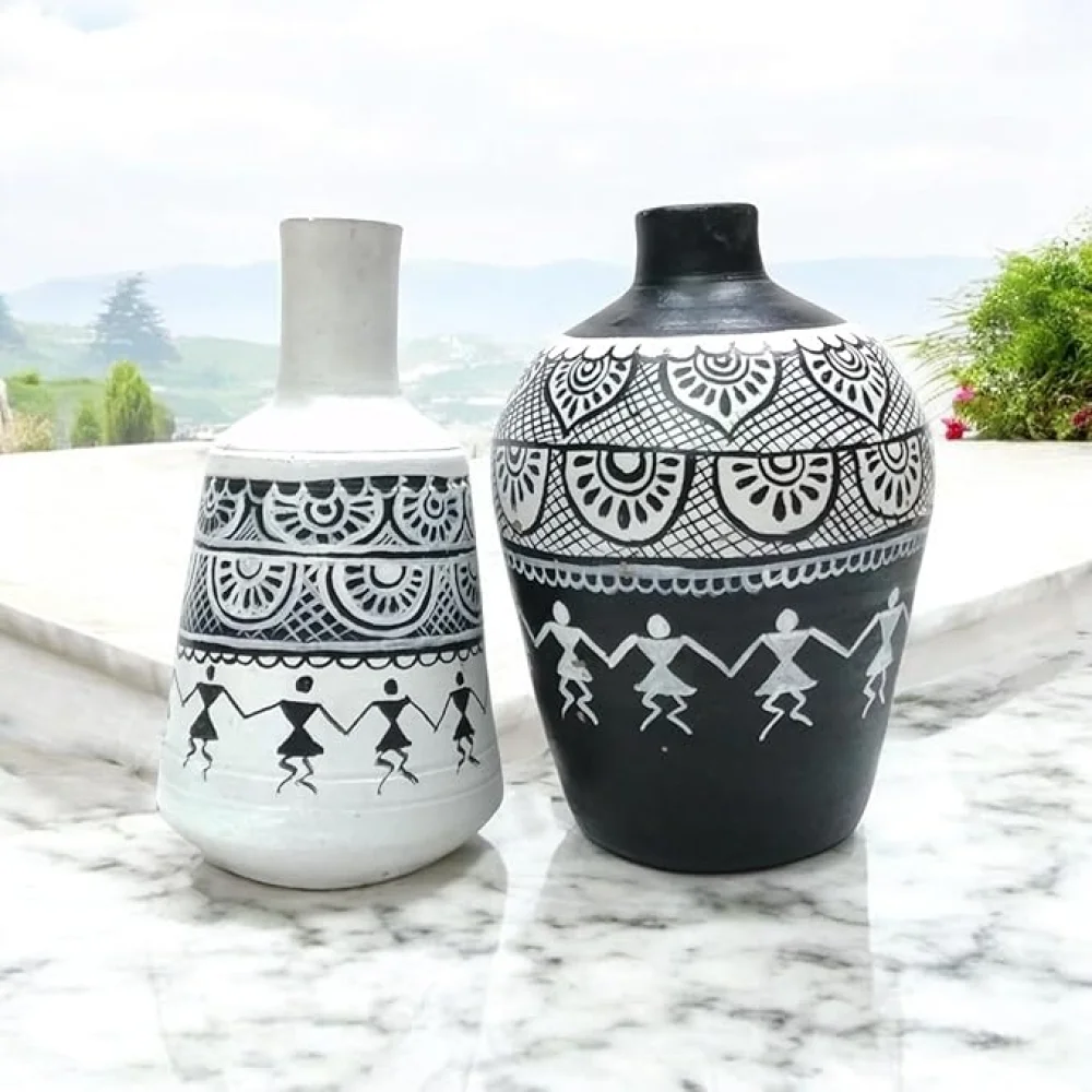 Madhubani Handpainted Terracotta Pots Pack of 2 for Home Dcor, Housewarming Gifting, Pots for Living Room, Corporate Gifting.