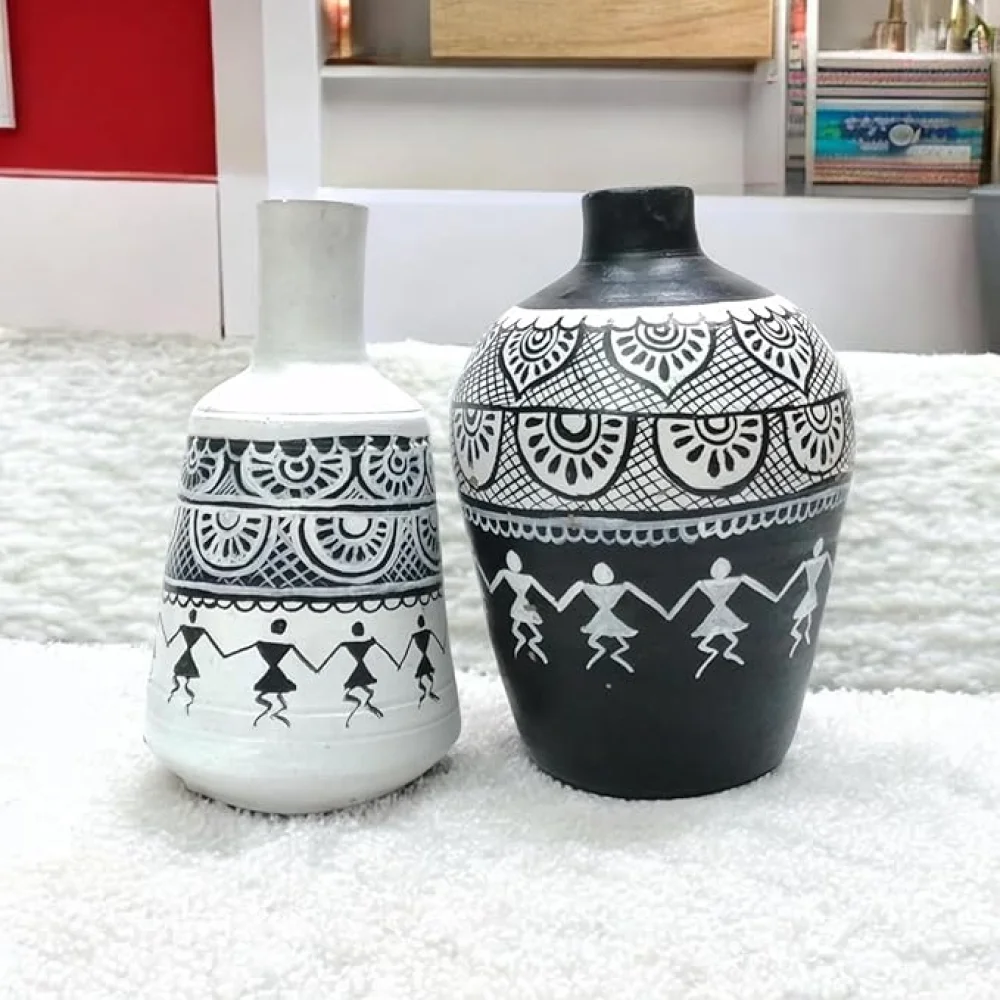 Madhubani Handpainted Terracotta Pots Pack of 2 for Home Dcor, Housewarming Gifting, Pots for Living Room, Corporate Gifting.