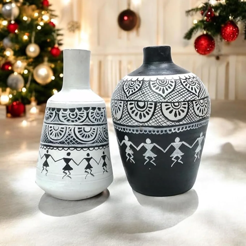 Madhubani Handpainted Terracotta Pots Pack of 2 for Home Dcor, Housewarming Gifting, Pots for Living Room, Corporate Gifting.