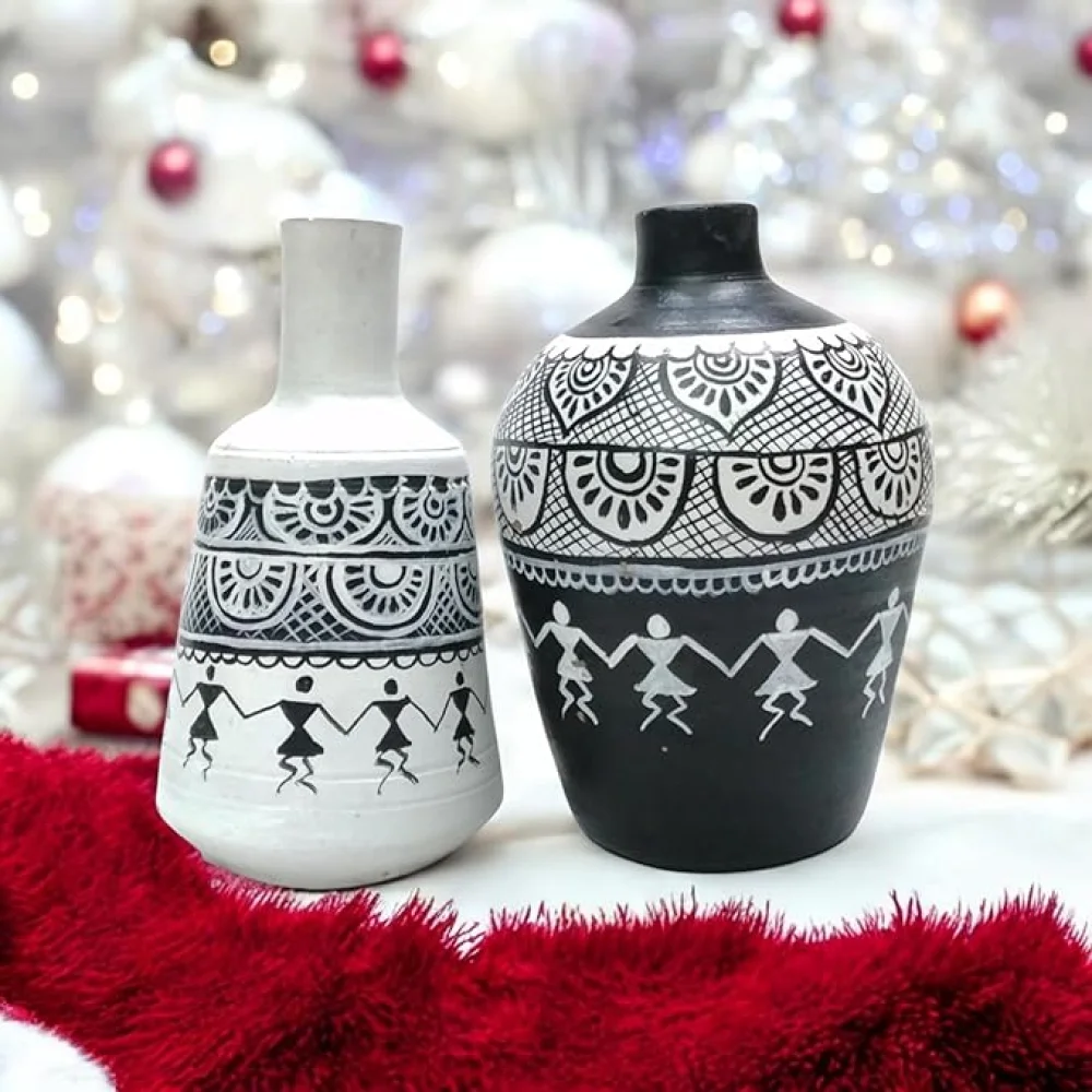 Madhubani Handpainted Terracotta Pots Pack of 2 for Home Dcor, Housewarming Gifting, Pots for Living Room, Corporate Gifting.