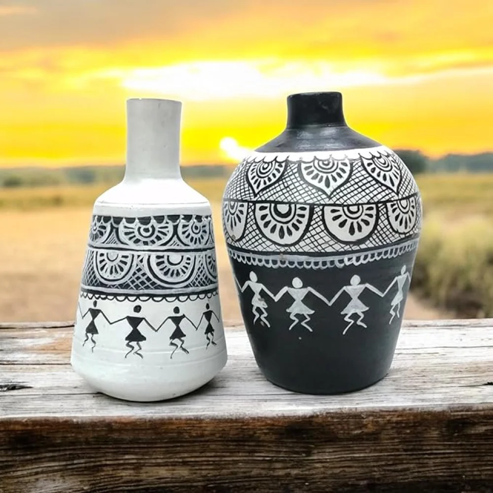 Madhubani Handpainted Terracotta Pots Pack of 2 for Home Dcor, Housewarming Gifting, Pots for Living Room, Corporate Gifting.