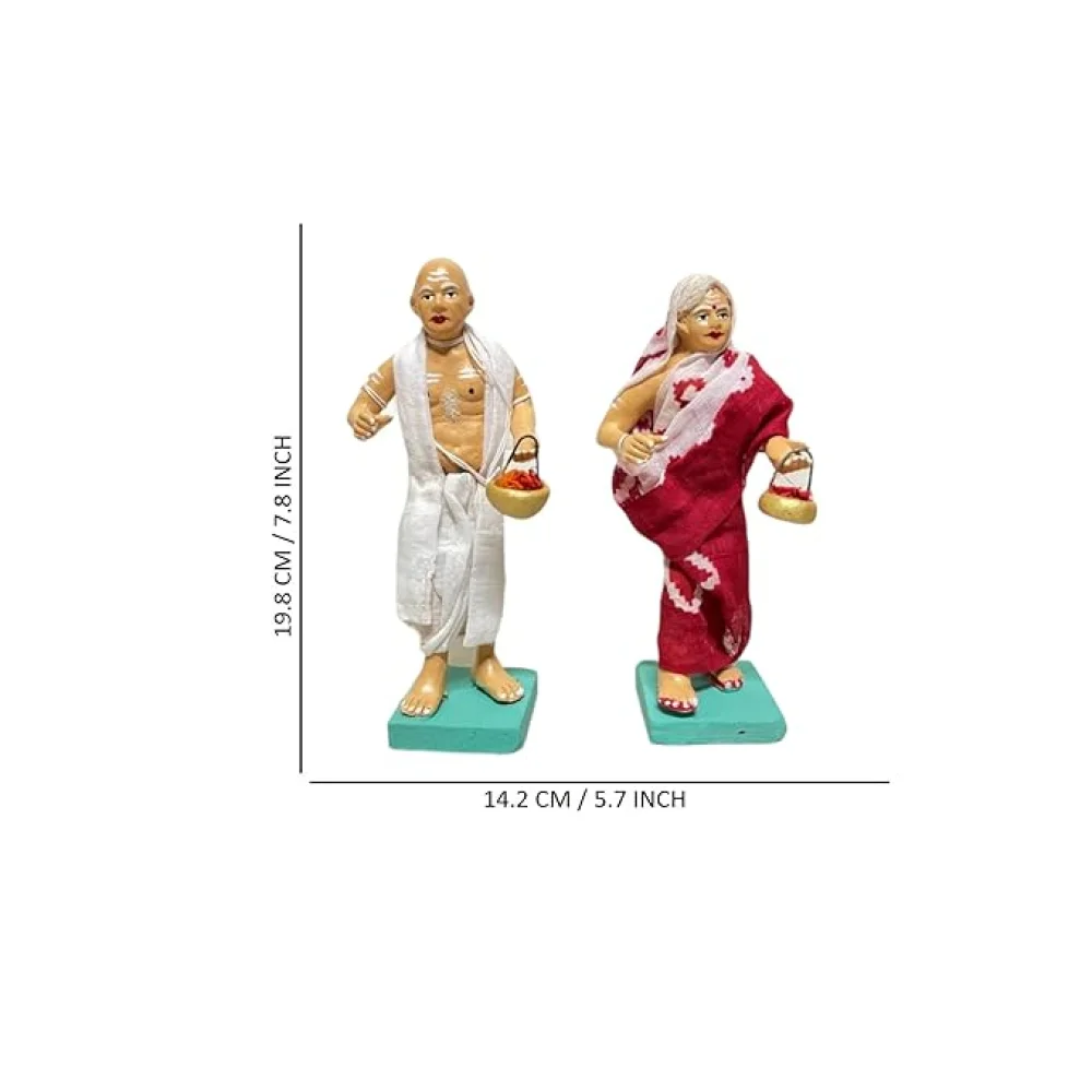 Handmade Clay Doll Human Working Figure for Gift & Décor, Brahmana and Brahmana Wife Pair Human Figure Miniature Idol, Housewarming Gifting, Table Déco