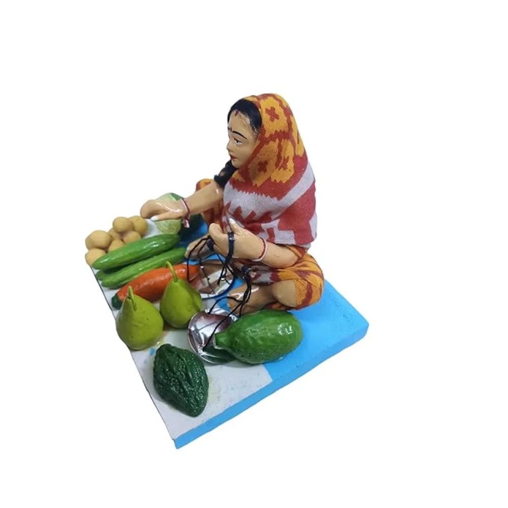 Handmade Clay Doll Human Working Figure for Gift & Décor,Women Vegetable Seller Human Figure Miniature Idol, Housewarming Gifting, Table Décor