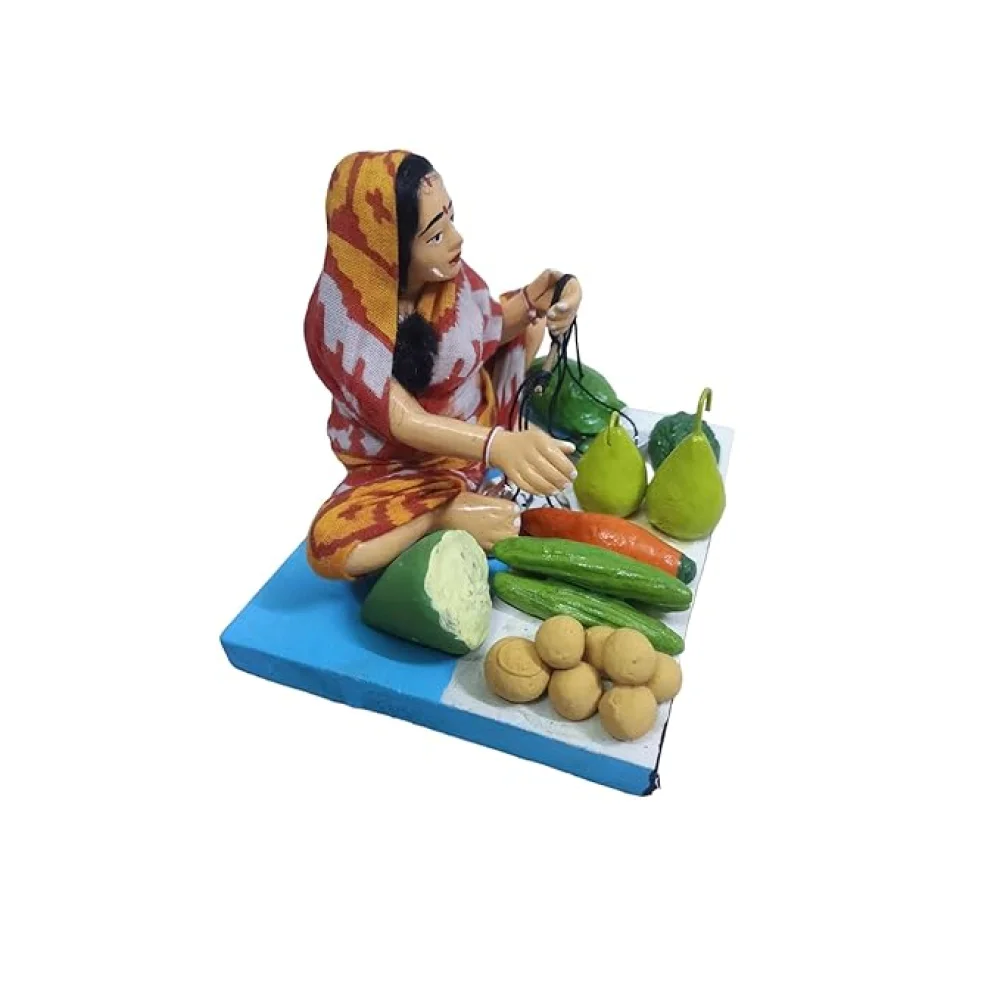 Handmade Clay Doll Human Working Figure for Gift & Décor,Women Vegetable Seller Human Figure Miniature Idol, Housewarming Gifting, Table Décor