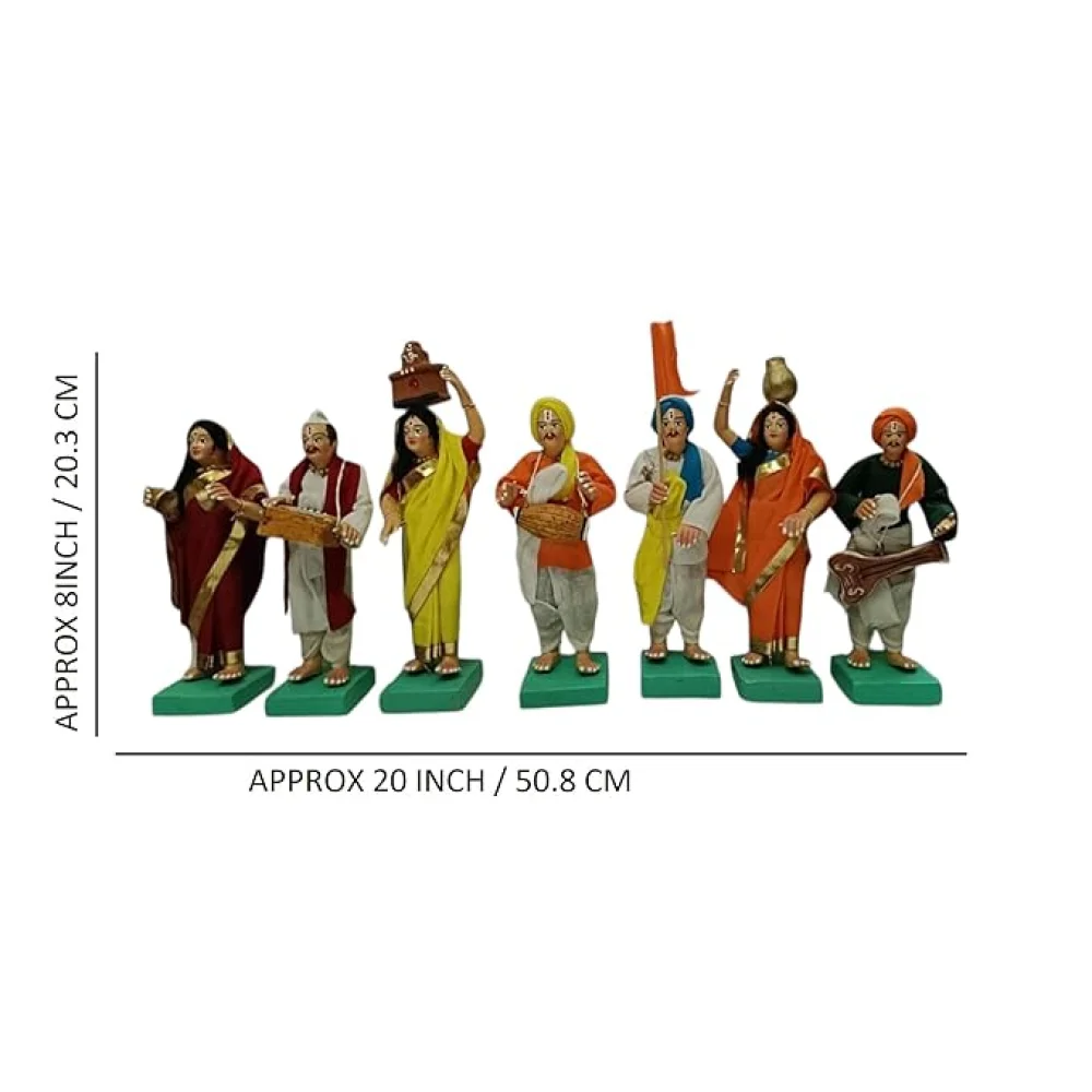 Traditional Varkari Samprday Figurine Set 7 Piece Terracotta Musicians, Handcrafted Terracotta Home Decor Ganesh Chaturthi Pooja Decorations Diwali Decorations, Multicolour