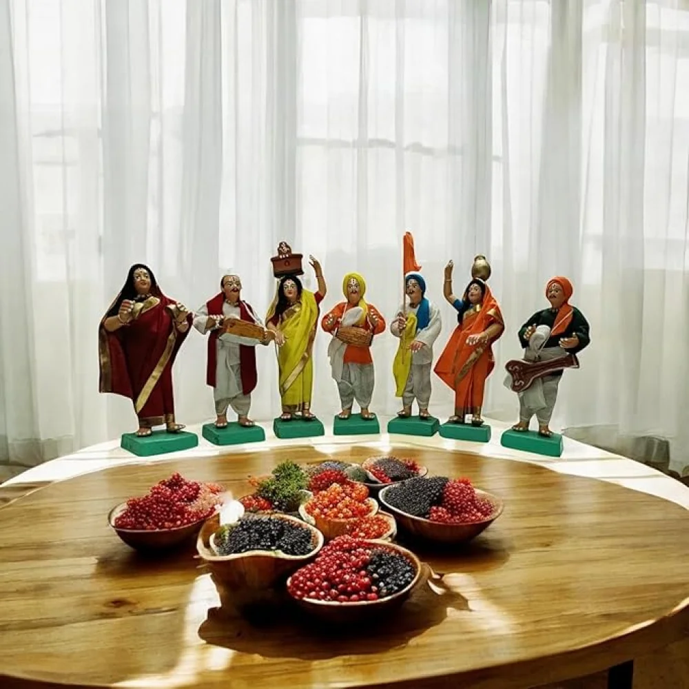 Traditional Varkari Samprday Figurine Set 7 Piece Terracotta Musicians, Handcrafted Terracotta Home Decor Ganesh Chaturthi Pooja Decorations Diwali Decorations, Multicolour