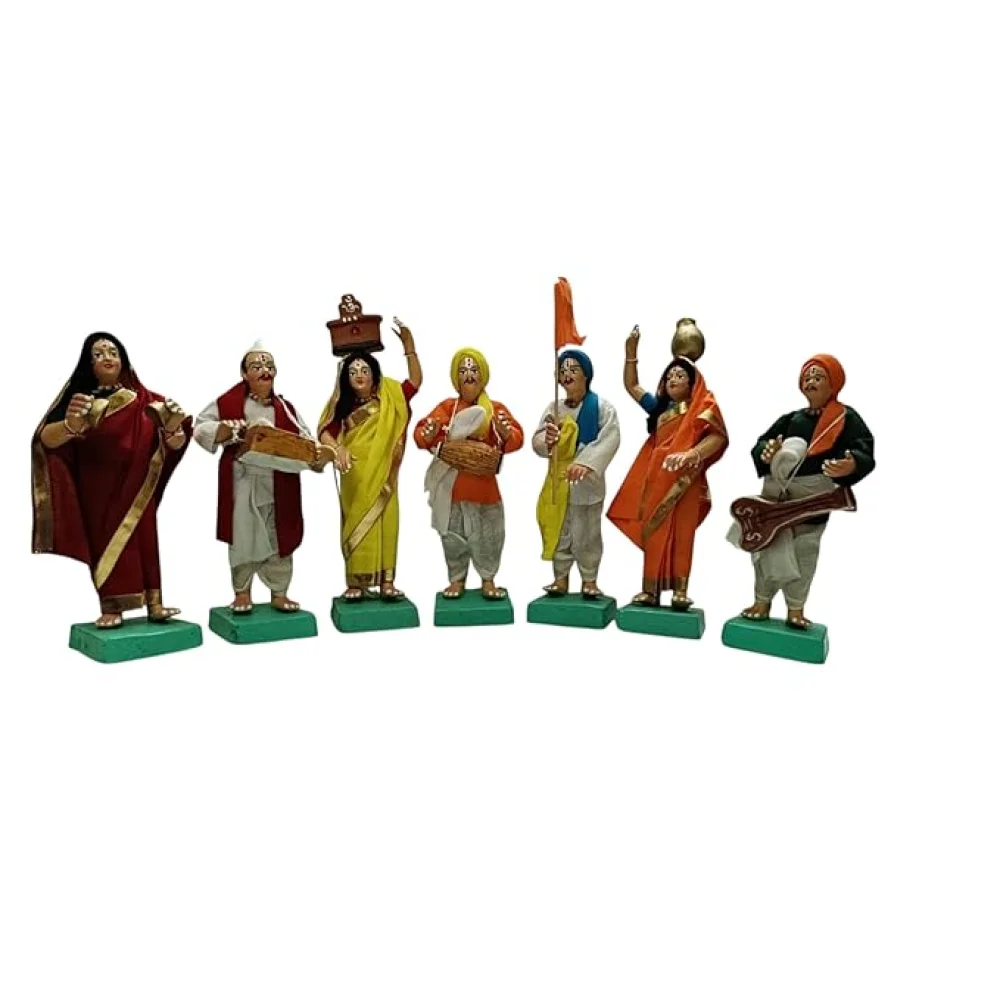 Traditional Varkari Samprday Figurine Set 7 Piece Terracotta Musicians, Handcrafted Terracotta Home Decor Ganesh Chaturthi Pooja Decorations Diwali Decorations, Multicolour