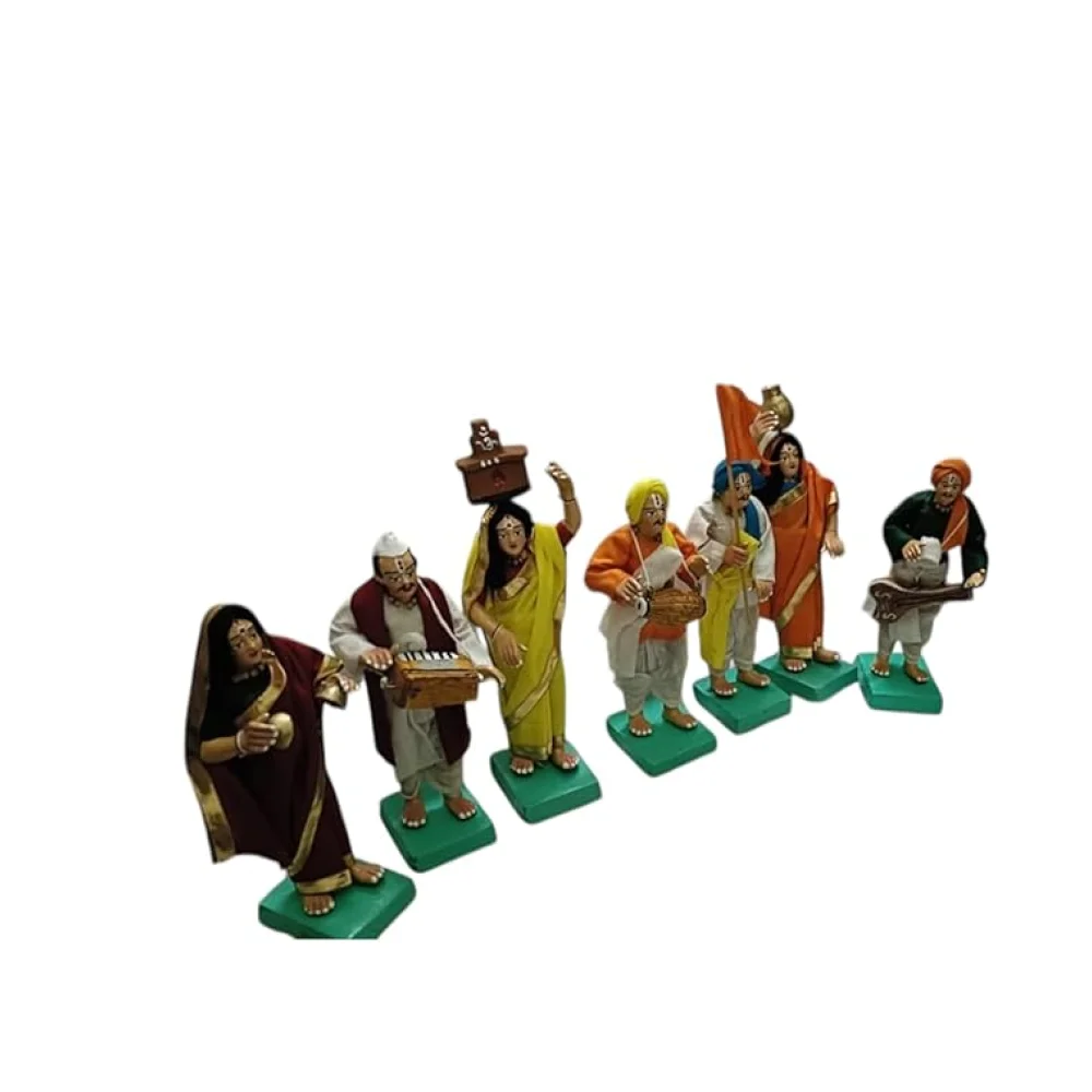 Traditional Varkari Samprday Figurine Set 7 Piece Terracotta Musicians, Handcrafted Terracotta Home Decor Ganesh Chaturthi Pooja Decorations Diwali Decorations, Multicolour