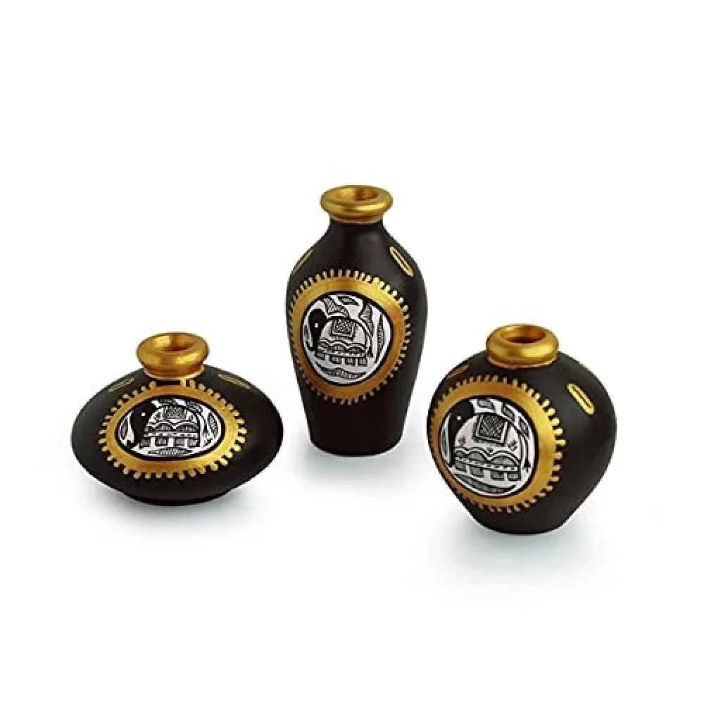 Handpainted Home Décor Artifacts for Living Room & Home Decorative Table Top Flower Terracotta pots Set of 3