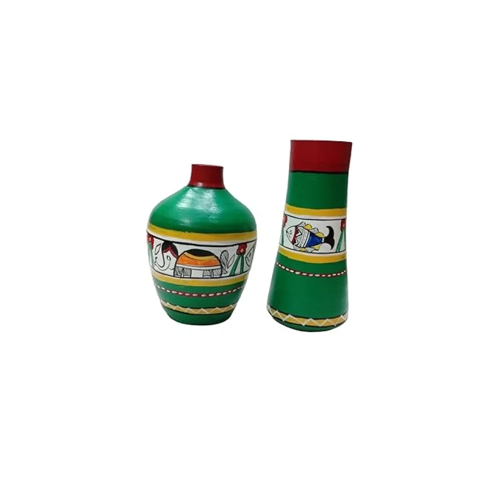 Handpainted Terracotta Pots Set of 2 for Home Dcor, Housewarming Gifting, Pots for Living Room, Corporate Gifting (Green, 19.5 x 20.2 cm)