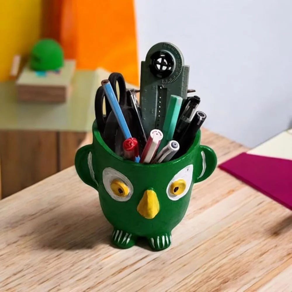 Handpainted Green Terracotta Pen Stand – Multipurpose Desk Organizer for Kids, Makeup Brushes, Cutlery & Toothbrush Holder (Office/School/Kitchen Use)
