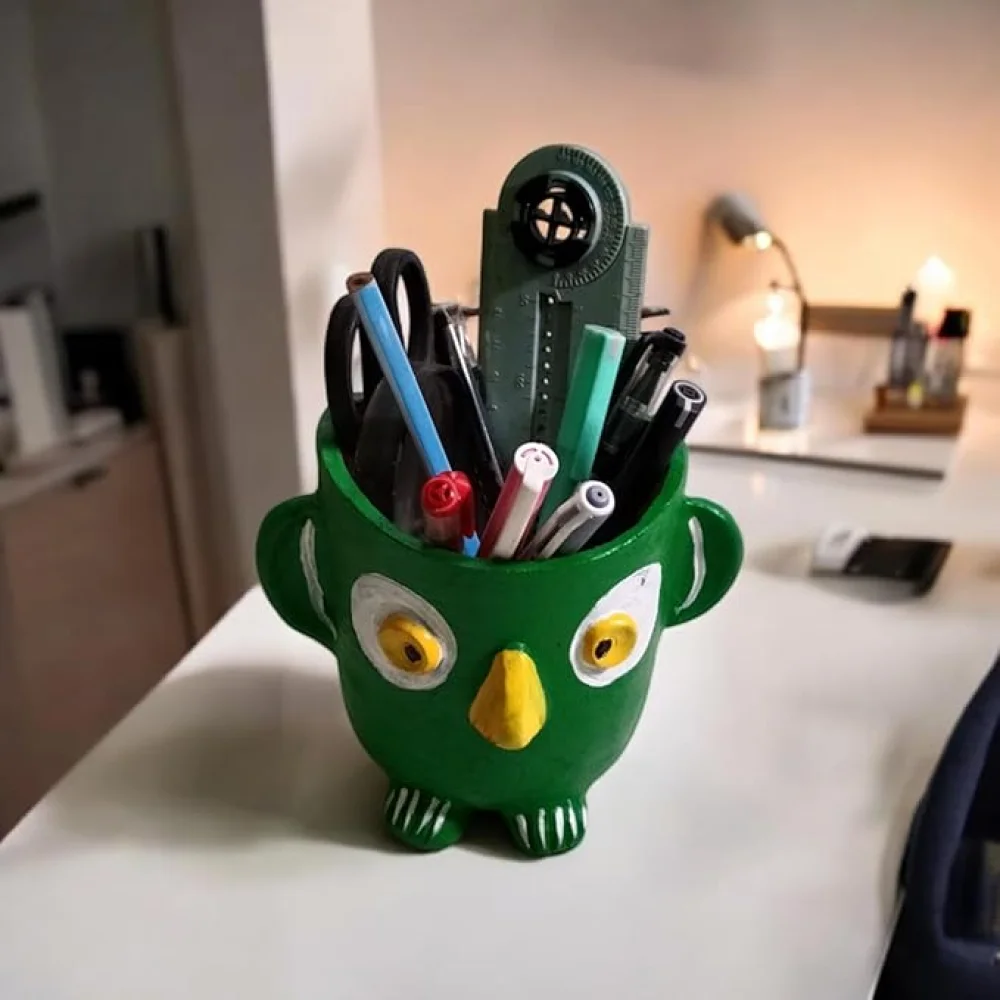 Handpainted Green Terracotta Pen Stand – Multipurpose Desk Organizer for Kids, Makeup Brushes, Cutlery & Toothbrush Holder (Office/School/Kitchen Use)