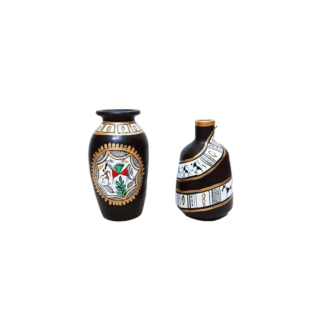 Earthenware Decorative Terracotta Flower Vases Set of 2 for Living Room,Terracotta Pots for Home Dcor,Housewarming Gifting,Corporate Gifting (Black White, 16.5 x 11.43 cm)