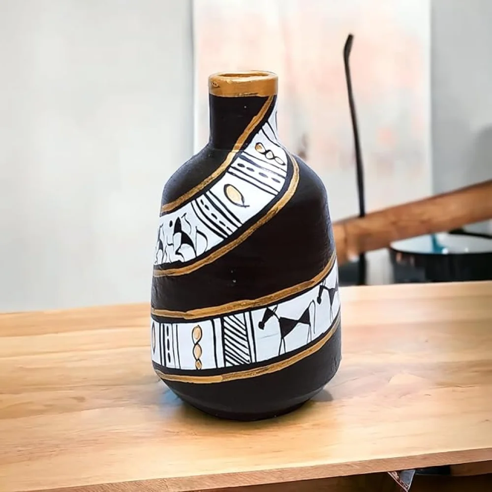 Earthenware Decorative Terracotta Flower Vases Set of 2 for Living Room,Terracotta Pots for Home Dcor,Housewarming Gifting,Corporate Gifting (Black White, 16.5 x 11.43 cm)