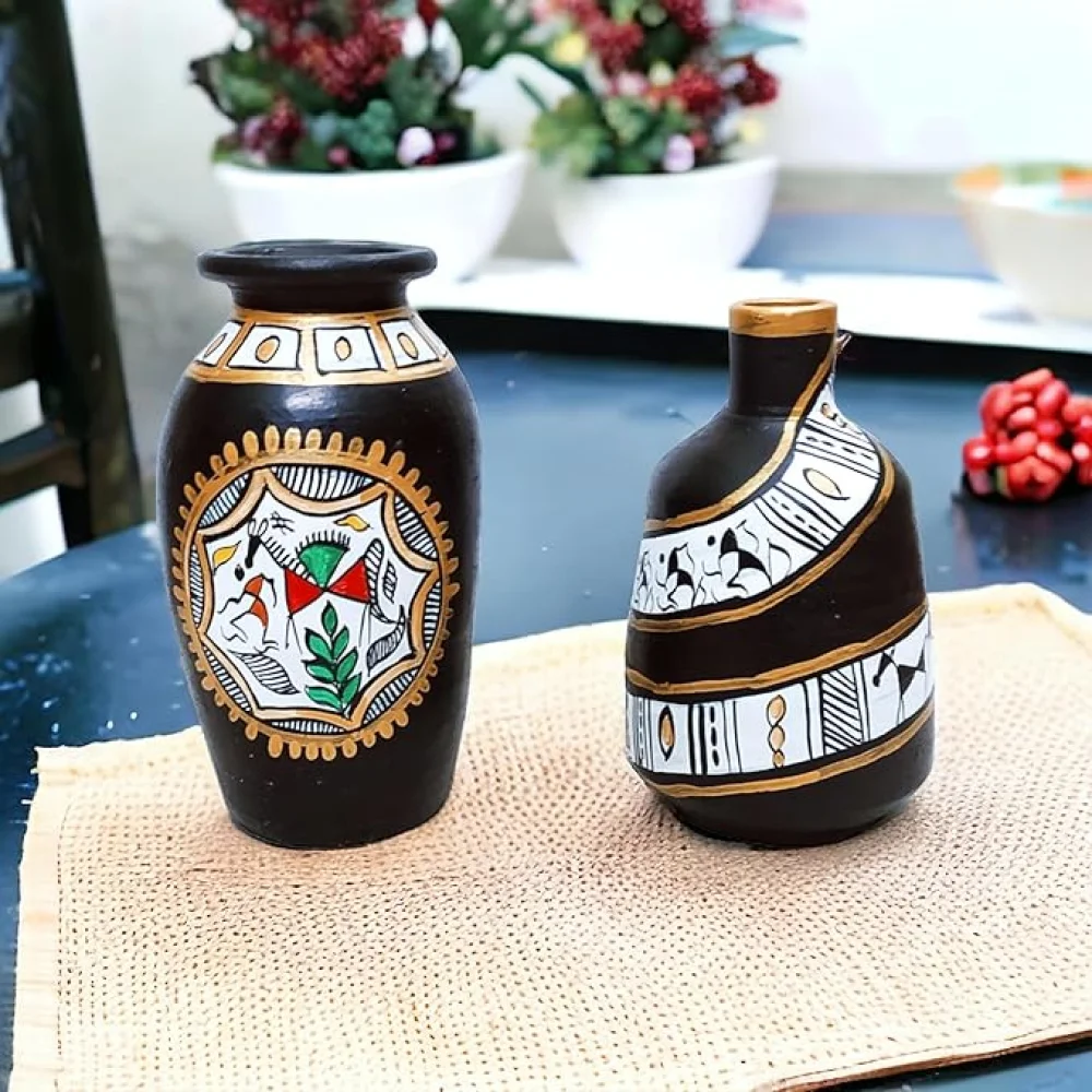 Earthenware Decorative Terracotta Flower Vases Set of 2 for Living Room,Terracotta Pots for Home Dcor,Housewarming Gifting,Corporate Gifting (Black White, 16.5 x 11.43 cm)