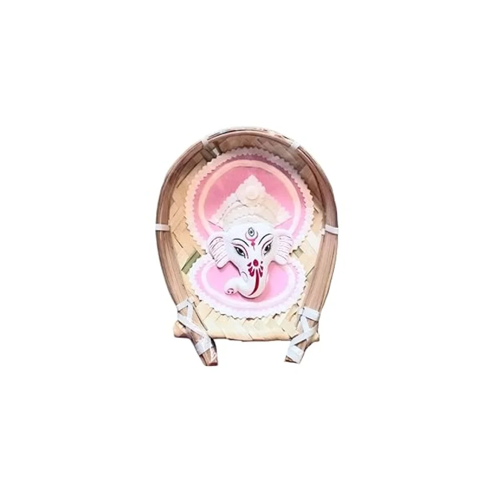 KARRU KRAFFT Ganesha Face wall Decor. Shola Pith Vinayaka face in Kulo, Bamboo Tray, Ganesha Murti decorative wall hanging, Ganesha face in Kulo